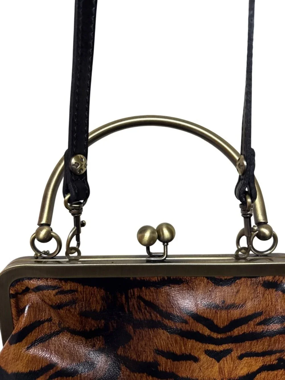 Patricia Nash Novella Frame Bag Tiger Print Leather Kiss Lock Crossbody Satchel